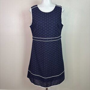 Duffield Lane Dress Small Navy Blue Eyelet Embroidered Sleeveless A-Line Cotton